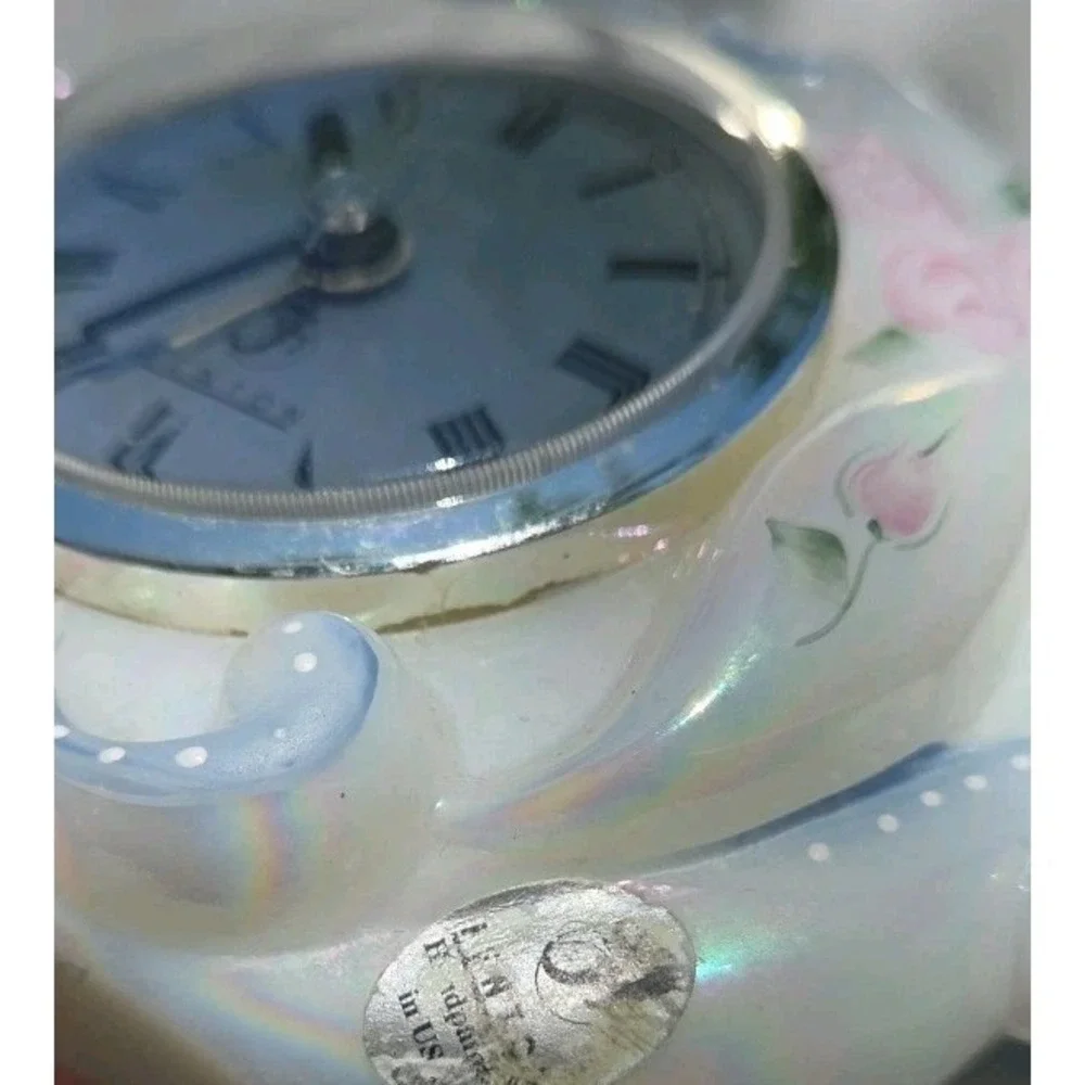 Fenton Hand Painted Floral Milk Glass‎ Alarm Desk Clock Signed Hand Painted